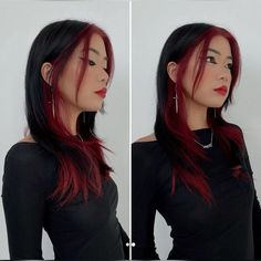 Long Dark Red Hair With Curtain Bangs, Black And Natural Red Hair, Black Hair Orange Underneath, Black With Blue Peekaboos, Black With Red Halo Hair, Black To Maroon Ombre Hair, Red Curtain Bangs Black Hair, Red Hair With A Money Piece, Dark Roots Burgundy Hair