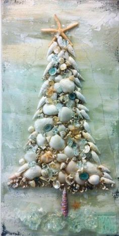 a painting of a christmas tree made out of seashells