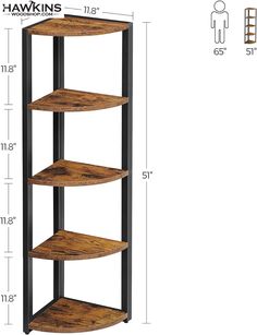 three tiered shelving unit with black metal frame and wood shelves, measurements for each shelf