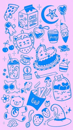 an image of some food and drinks on a pink background with blue ink in the middle