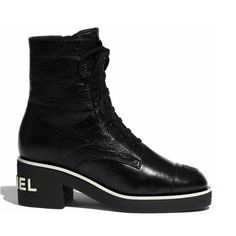 Chanel 21c Black Patent White Logo Combat Lace Up Tie Ankle Short Heel Boot 40 ********** Chanel ********** Brand: Chanel Size: 40 (Know Your Chanel Size) Name: Ready Steady Color: Black Style: Combat Boots Style: 21c Style#: G36435 X51854 94305 Material: Shiny Crumpled Lambskin White Trim Cc Cap Toe Logo Lace Up Tie Front Black Patent Shiny Crumpled Lambskin Leather Material Stacked Back Heel Chanel White Logo Back Heel Brand New In Box, Comes With Box And Dust Bag 100% Authentic Or Your Money Style Combat Boots, Short Heel Boots, Combat Boots Style, Moda Chanel, Chanel Boots, Mode Chanel, Chanel Store, Chanel Brand, Short Heels