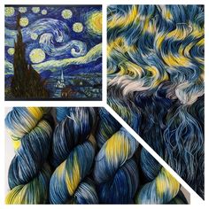 the starry night is depicted in this collage of hand - dyed yarns