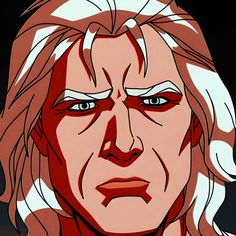 an animated image of a man with long hair and blue eyes, wearing red eyeliners