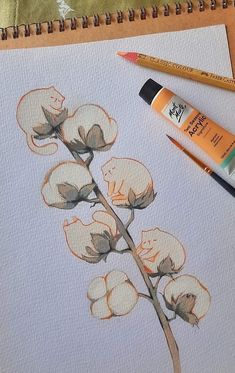 a drawing of some flowers on a piece of paper with watercolor pencils next to it