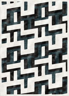 a black and white rug with an abstract design on the bottom half, in shades of gray