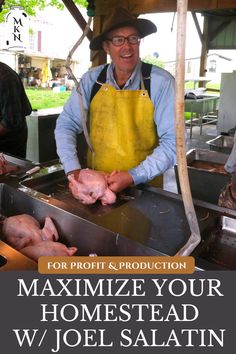 a man in an apron and hat preparing meat