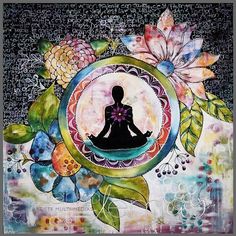 a painting with flowers and a person doing yoga