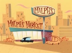 an illustration of a car parked in front of a marghs market sign on the side of a city street