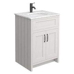 a bathroom vanity with a white sink and grey cabinetry on the side, isolated against a white background