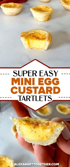 mini egg custard tartles are being held up in front of the camera