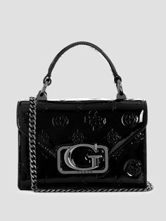 Debossed faux-leather mini bag Peony debossed patent faux-leather construction Shiny gunmetal-tone hardware Front G logo emblem Multiple interior pockets Foldover magnetic snap closure Top handle with 2.75" drop. Detachable shoulder chain with 22.75" drop. 6.5"W x 7.5"H x 4.75"D Black Designer Bag, Black Designer Bags, Bag Guess, G Logo, Logo Emblem, Bag Silver, Shoulder Chain, Designer Bag, Emblem Logo