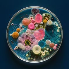 a bowl filled with lots of different types of seaweed and other marine life on top of a blue surface