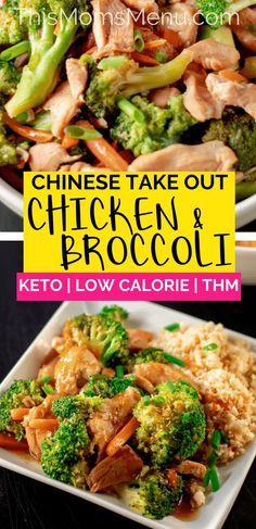 chicken and broccoli stir fry in a white bowl with the words, chinese take out chicken & broccoli keto low calori