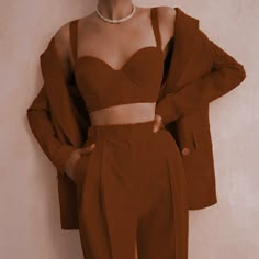 Corset With Blazer, Dark Brown Suit, Outfit Gala, Crop Top Suit, Lady Suit, White Bustier, Brown Suit, Lauren Asher, Stylish Crop Top