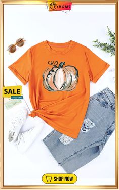 Orange Pumpkin Graphic Print Crew Neck T Shirt Casual Graphic Print T-shirt For Fall, Fall Graphic Print Crew Neck Tops, Casual Fall T-shirt With Graphic Print, Fall Relaxed Fit Short Sleeve Tops, Relaxed Fit Short Sleeve Tops For Fall, Trendy Screen Print T-shirt For Fall, Fall Graphic Print Crew Neck T-shirt, Fall Crew Neck T-shirt With Graphic Print, Orange Letter Print T-shirt For Spring