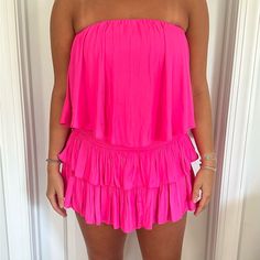 Strapless Pink Romper Size Small Never Worn, Nwot Elastic Waist, Stretchy Material Pink Romper, Strapless Romper, Pink Rompers, Ruffle Romper, Pink Ruffle, Pink Leather, Stretchy Material, Strapless Dress, Elastic Waist