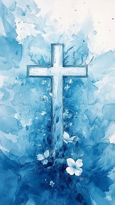 the cross is surrounded by blue watercolors and has white flowers in front of it