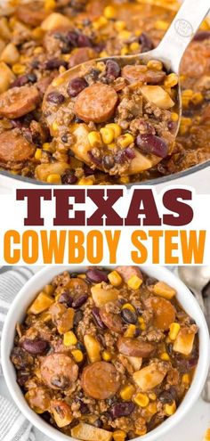 two bowls filled with chili and corn next to the words texas cowboy stew on top