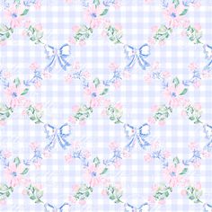 a blue and white checkered background with pink flowers