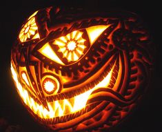 a carved pumpkin with an eye on it