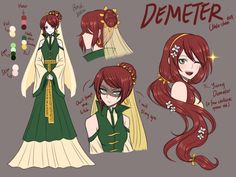 an anime character with long red hair and green dress