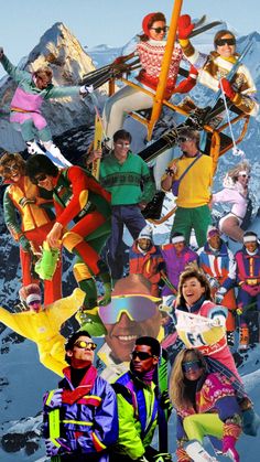 a collage of skiers and snowboarders all wearing different colored clothes, with mountains in the background