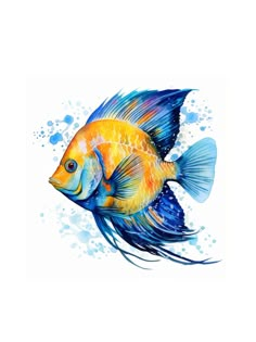 a blue and yellow fish with watercolor paint on it's side, in front of