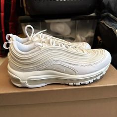 Here Listed Below Is A Pair Of Nike Air Max 97 In Triple Wolf Grey White Colorway. Fits Woman’s 7.5 Sneaker Are Used But Cleaned Up For The Most Part No Original Box Included If You Have Questions Please Feel Free To Message Me Before Purchasing Open To Offers. Wolf White, Nike Airmax 97, Nike Air Max 97, White Nikes, Womens Shoes Sneakers, Air Max, Grey And White, Nike Air Max, Nike Shoes