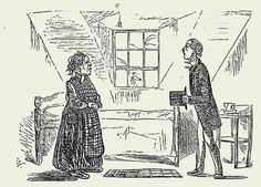 a man and woman standing in front of a window talking to each other, vintage line drawing or engraving illustration