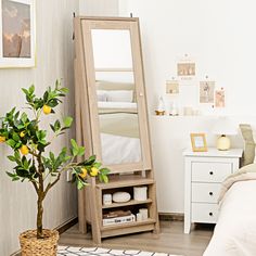 a mirror sitting on top of a wooden shelf next to a plant in a vase