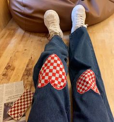 Denim Patchwork Jeans, Statement Pants, Baggy Streetwear, Heart Patches, Red Checkered, Patterned Jeans, Patchwork Jeans, Long Jeans, Girls Denim