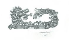 a drawing of an ornate frame with two dragon heads on the front and one in the back