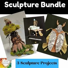 there are three pictures of sculptures made out of wood and paper with text overlay that reads, sculpture bundle