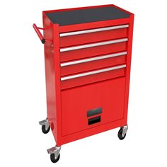 a red tool cabinet with four drawers on wheels