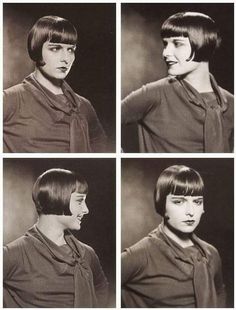 four different pictures of a woman with short hair and bangs, wearing a brown shirt