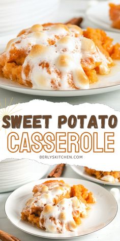 sweet potato casserole with cream cheese on top and cinnamon sticks in the background