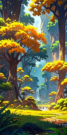 an animated forest scene with trees and water