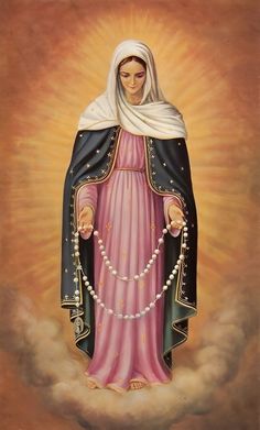 an image of the immaculate mary in pink and black with pearls on her hands, wearing a white headdress