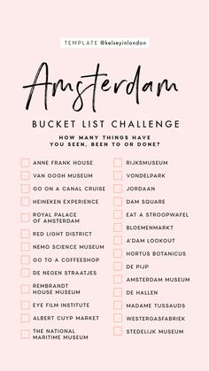 a pink and black checklist with the words amsterdam bucket list challenge written on it