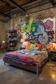 a bedroom with graffiti on the wall and bed in front of it is lit by two lamps