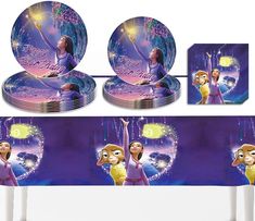 the plates are decorated with images of princesses and aurora from disney's animated movie