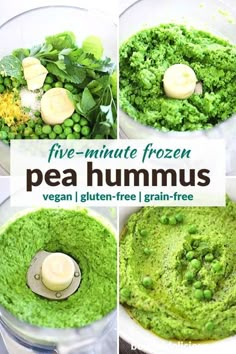 four different views of pea hummus in a food processor