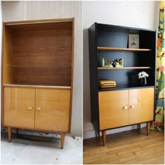 two pictures side by side one has a bookcase and the other has a cabinet