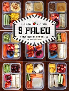 six plastic containers filled with different types of food and the words, 9 paleo lunch ideas for one - to - go