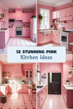 A beautiful collection of 12 pink kitchen designs showcasing shades like blush and magenta, featuring four images that highlight chic decor styles and clever uses of color. Pink And Navy Kitchen Ideas, Pink Countertops, Pink Kitchen Inspiration, Kitchen Shelf Decor Ideas, Pink Kitchen Ideas, Pink Kitchen Designs, Retro Pink Kitchens, Pink Kitchens, Pink Cabinets