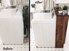 before and after pictures of a washer and dryer in a laundry room with black and white tile flooring