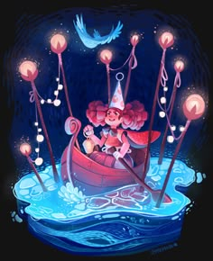 an illustration of a person in a boat surrounded by lights