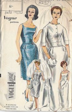 ~ Circa/Date: EARLY 1960s ~ Details:    Two style variation WEDDING DRESS with JACKET and includes TRAIN by VOGUE  ~ Size/Measurements (Inches):     ~ Size: 16      ~ BUST: 36″     ~ Waist: 28″      ~ Hip: 38″ ~ Please Note: ~ You are buying a 'Professional Reproduced' copy of this sewing pattern. Copied from the original sewing pattern. Produced in Full Scale Pattern Pieces ready to cut with full instructions included. Reproduced on high quality 50 gm paper with black ink, durable and easier for reuse. Printed by a Professional Printing Company.   ~ With this product comes an accompanying 'Booklet' and inside the Booklet it includes: ~ A 2-page Instructions and Illustrations on 'How to Adjust Your pattern to your Personal Measurement.' ~ Personal Measurement Chart ~ Body Form Illustration Vintage Wedding Dress Sewing Patterns, 1960s Wedding Dress, Wedding Dress Jacket, Wedding Dress Sewing Patterns, S Wedding Dress, Gown Sewing Pattern, 1960s Wedding, Vintage Vogue Sewing Patterns, Vogue Vintage