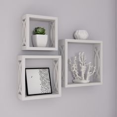 three white shelves with plants and pictures on them