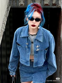 Best Two Tone Hair Color Ideas Rave Hair Color, Dark Purple Bob Hair, Punk Blue Hair, Blue Hair Medium Length, Color Block Pixie Hair, Red And Blue Hair Ideas, Turquoise Hair Aesthetic, Color Blocking Hair Ideas, Pixie Cut Dyed Hair